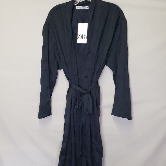 ZARA V-Neck Limited Edition Robe Dress Wrinkle Effect Silky Belt Navy - Picture 2 of 8